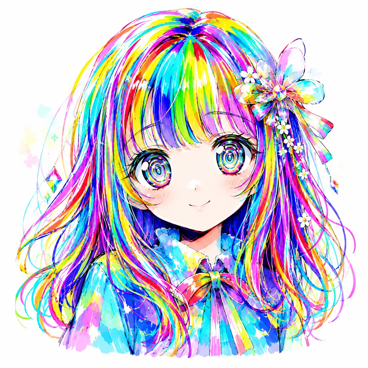 虹色の長い髪の女の子の上半身。渦のような瞳、虹色の花とリボンの髪飾り、水色から虹色のセーラー襟。